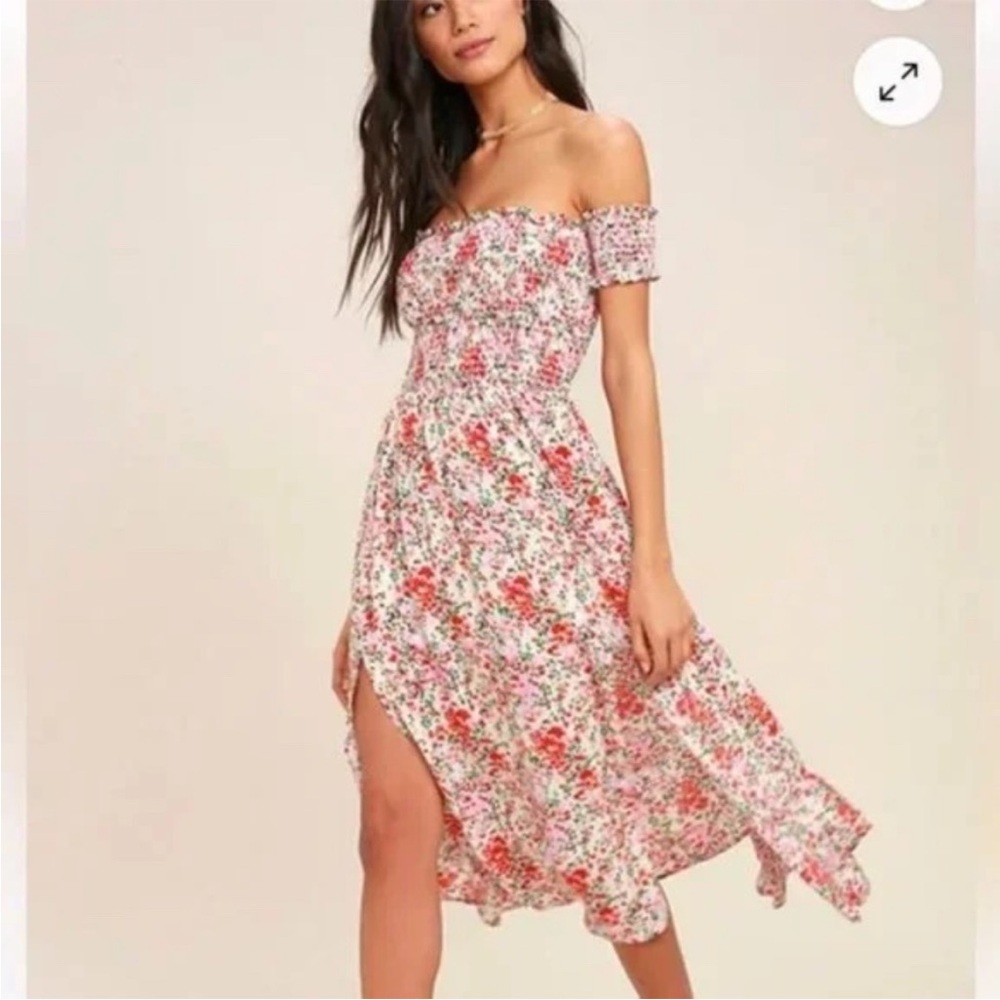 NWT Lulu's View from the Meadow Cream Floral Print Off the Shoulder Dress M Midi
